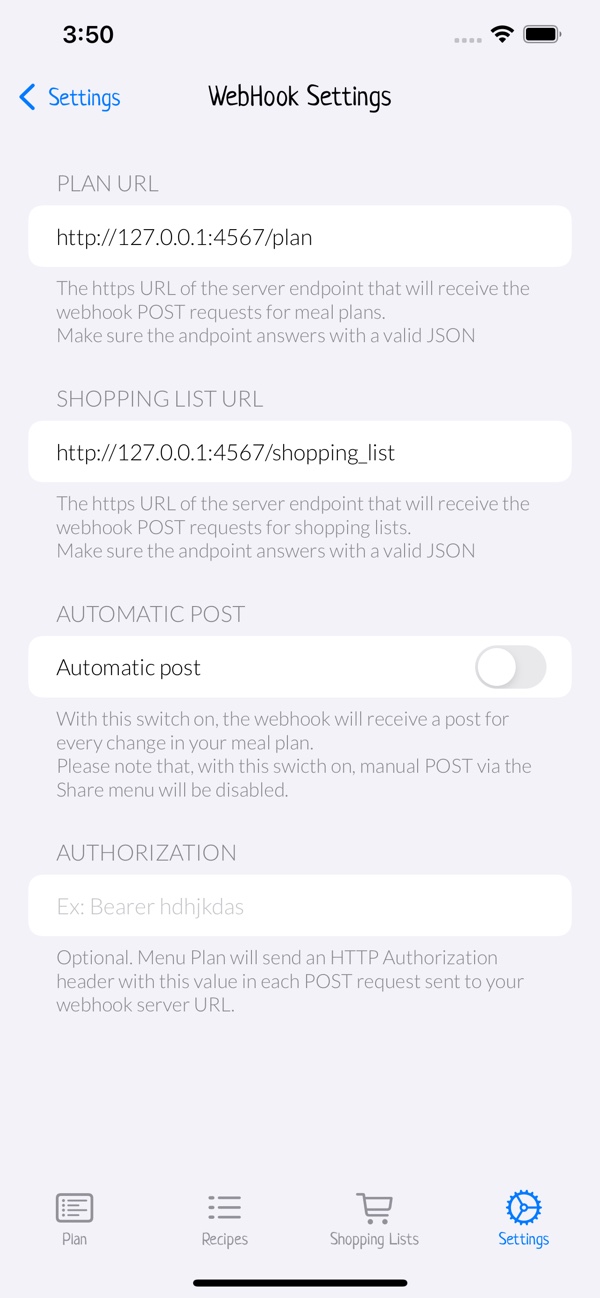 Web hook settings screen