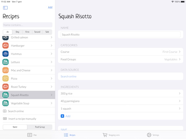 iPad recipes screen with split view
