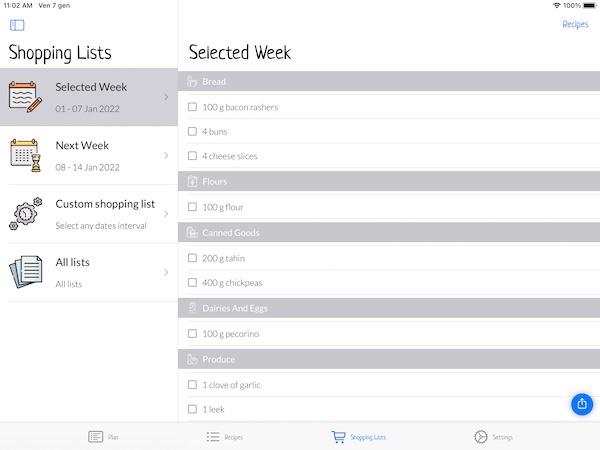 iPad shopping list screen with split view